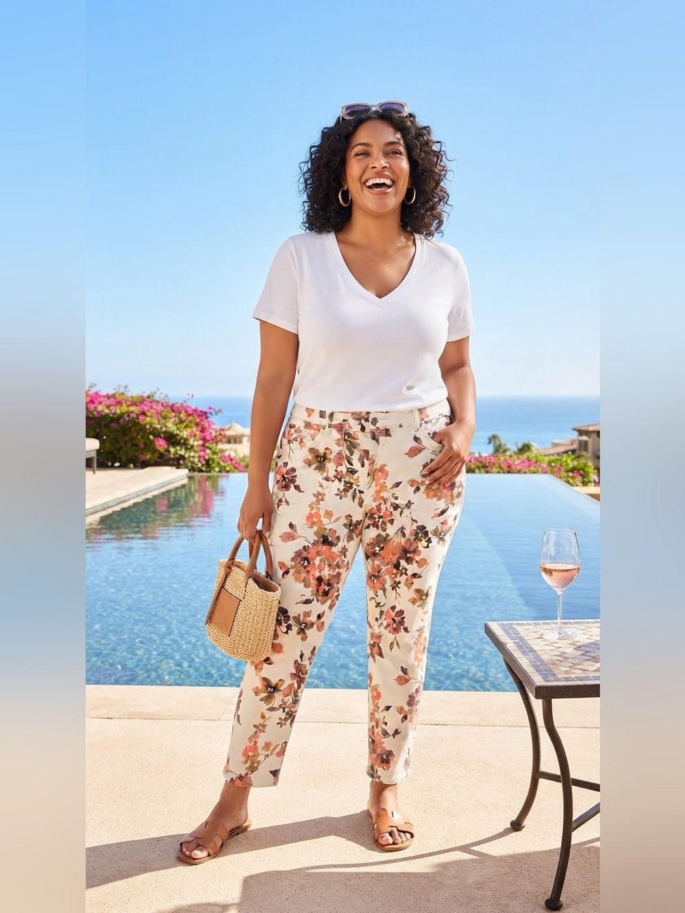 SIZE 18W Denim & Co.® NEW Women's Floral Pants Ivory Pink Cotton Blend